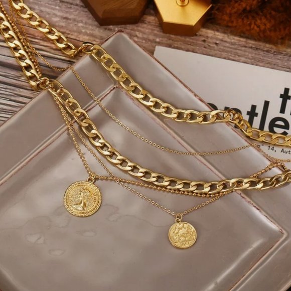 Multi-layer Thick Chain Portrait Coin Necklace - Picture 8 of 12